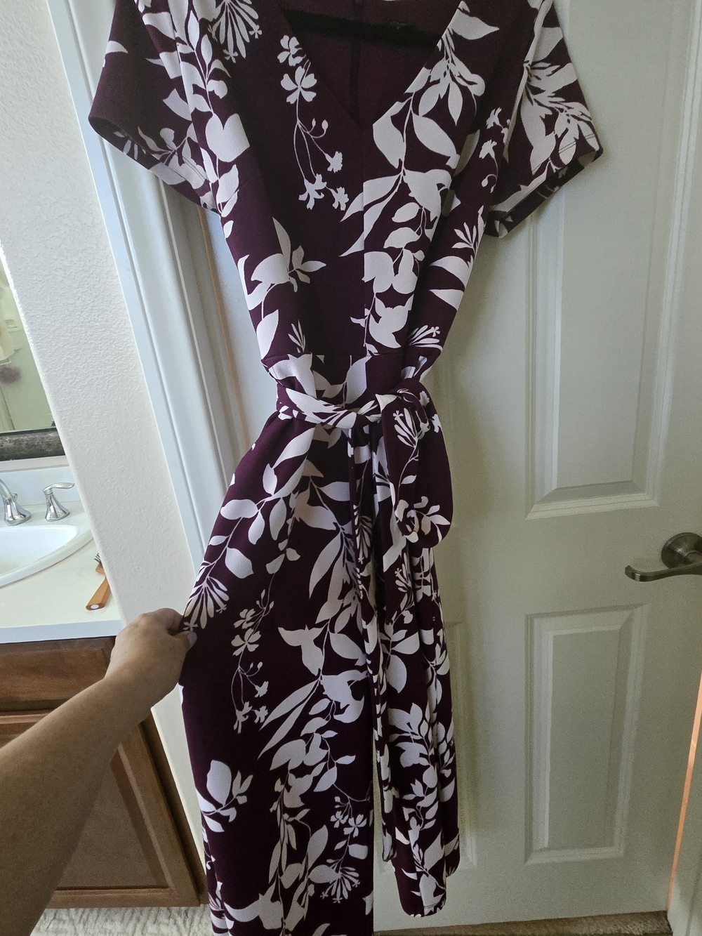 Ann Taylor Plum and White Floral Wrap Midi Jumpsuit.